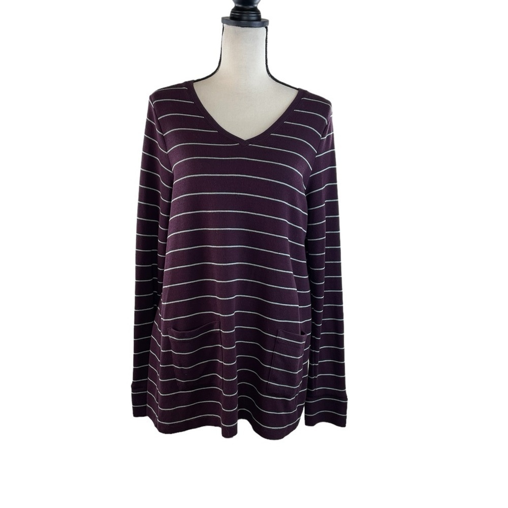 J Jill Burgundy Merlot Stripe Ribbed Tunic Top Womens  Pockets V Neck MT